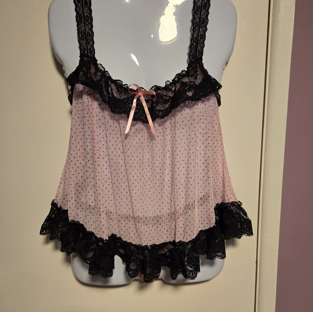 Victoria's Secret Sexy Little Things Pink and Black Lace Polka Dot Chemise. NWOT